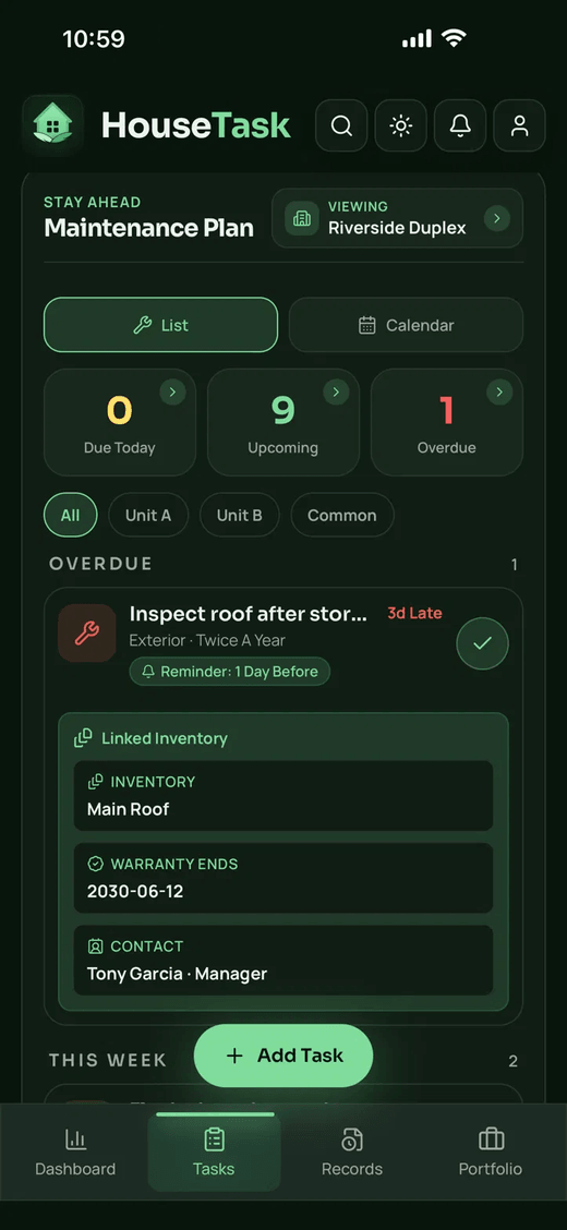 HouseTask tasks screen — upcoming and recurring maintenance tasks grouped by due date.
